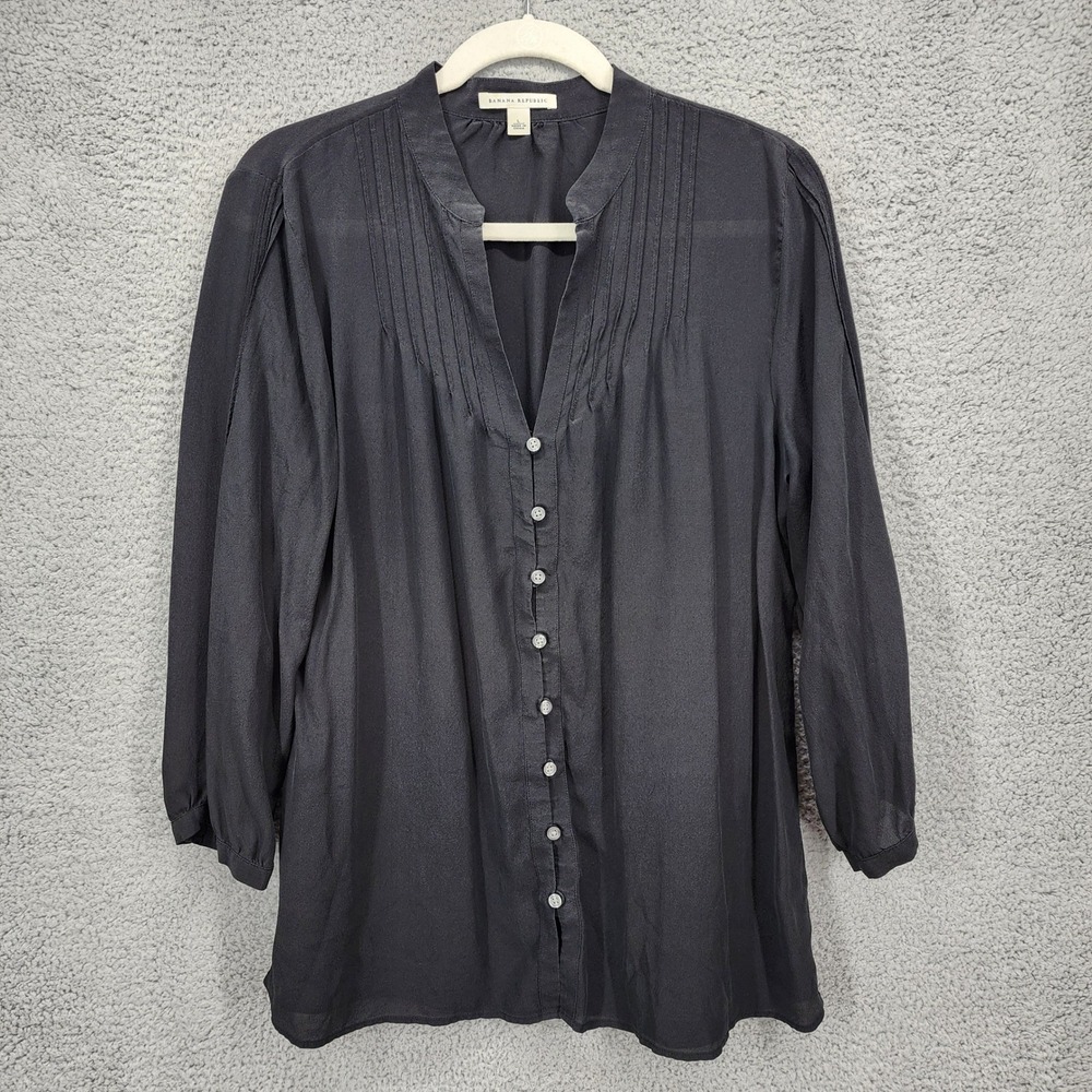 Banana Republic Womens Black‎ 100% Silk Pintuck Button Down Blouse Large